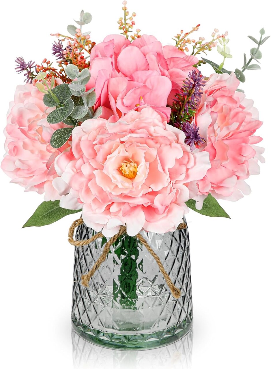 Faux Flower Arrangements Artificial Peony Hydrangea Silk Flowers with Glass Vase Realistic Fake Potted Floral Bouquet